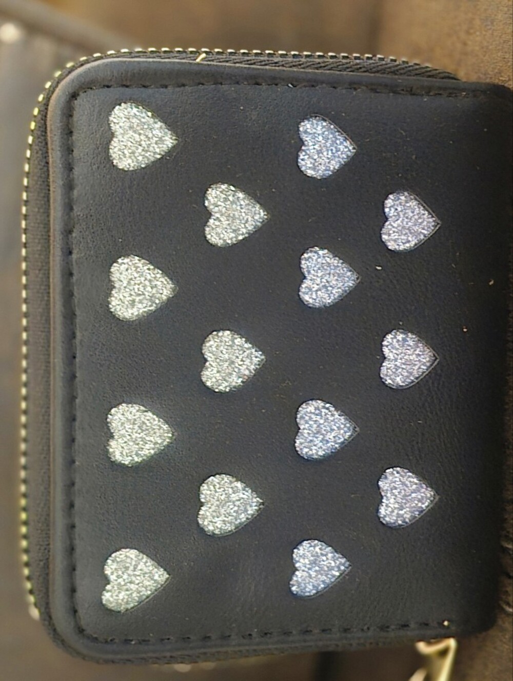 Black Wallet with Silver Glitter Heart Accents
